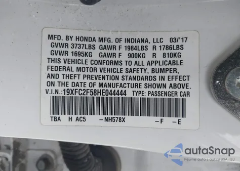 2017 Honda Civic Lx z USA, uszkodzony, nr VIN 19XFC2F58HE044444
